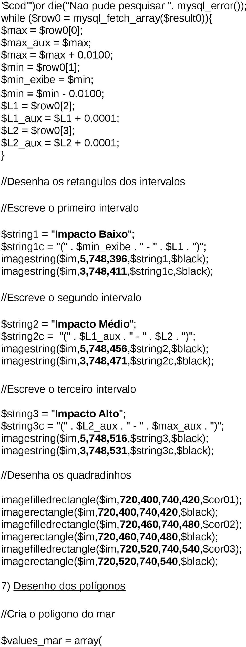 0001; } //Desenha os retangulos dos intervalos //Escreve o primeiro intervalo $string1 = "Impacto Baixo"; $string1c = "(". $min_exibe. " - ". $L1.