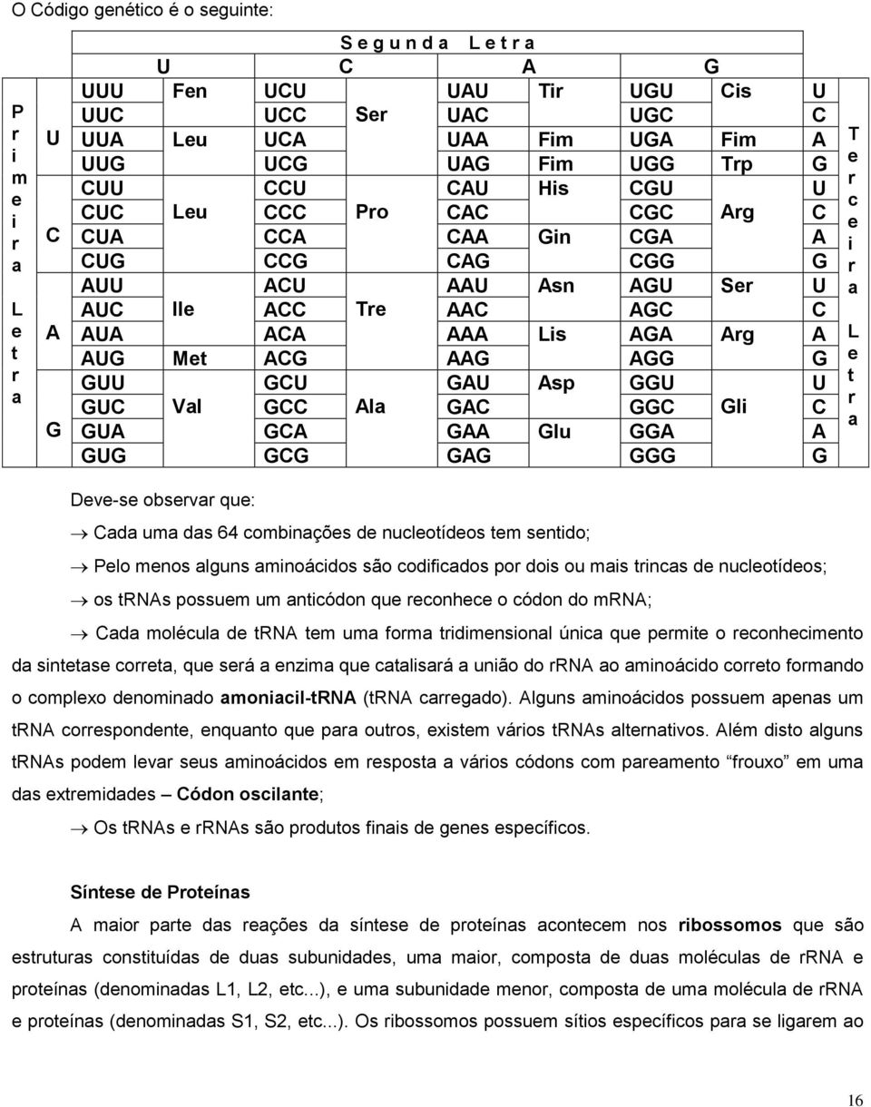 GUU GCU GAU Asp GGU U GUC Val GCC Ala GAC GGC Gli C GUA GCA GAA Glu GGA A GUG GCG GAG GGG G T e r c e i r a L e t r a Deve-se observar que: Cada uma das 64 combinações de nucleotídeos tem sentido;