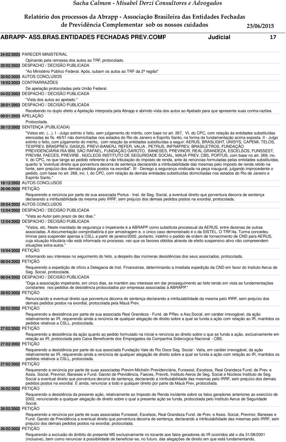 Após, subam os autos ao TRF da 2ª região" 20/02/2003 AUTOS CONCLUSOS 19/02/2003 CONTRARRAZÕES De apelação protocoladas pela União Federal.