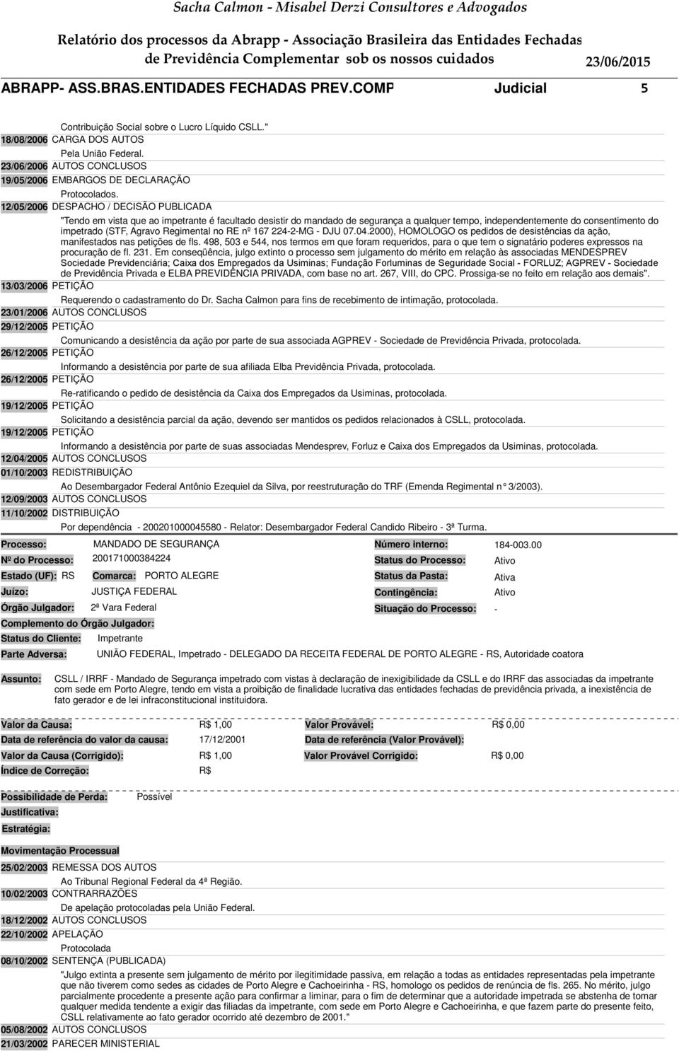 12/05/2006 DESPACHO / DECISÃO PUBLICADA "Tendo em vista que ao impetrante é facultado desistir do mandado de segurança a qualquer tempo, independentemente do consentimento do impetrado (STF, Agravo