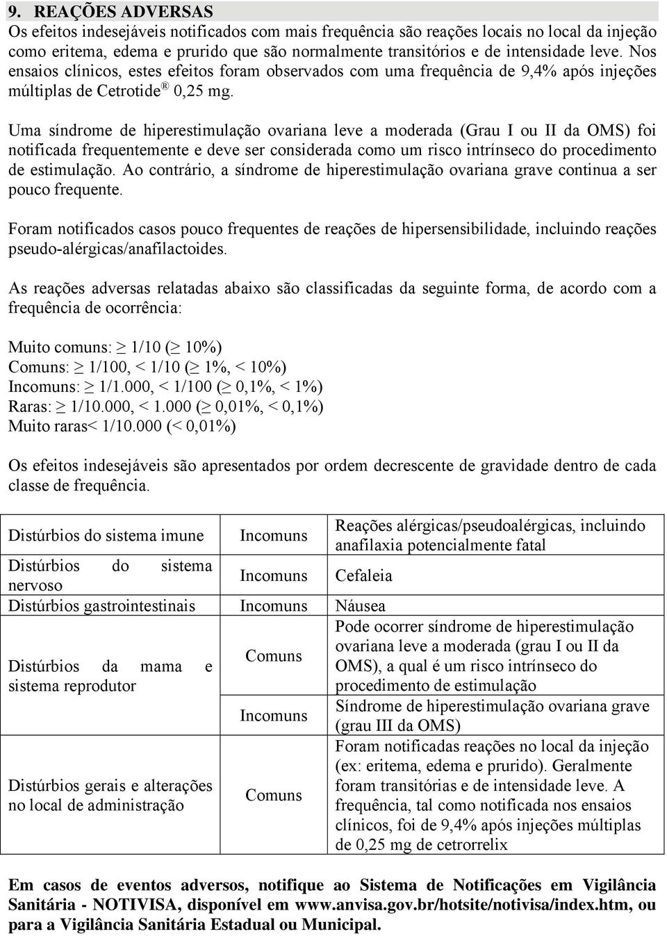 Uma síndrome de hiperestimulação ovariana leve a moderada (Grau I ou II da OMS) foi notificada frequentemente e deve ser considerada como um risco intrínseco do procedimento de estimulação.