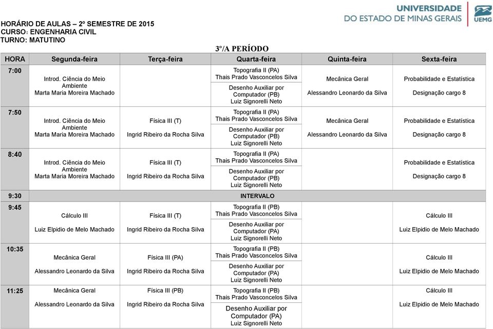 Física III (PA) Física III (PB) Topografia II (PB) Computador (PA) Topografia II (PB) Computador (PA) Topografia II (PB) Computador (PA) Alessandro