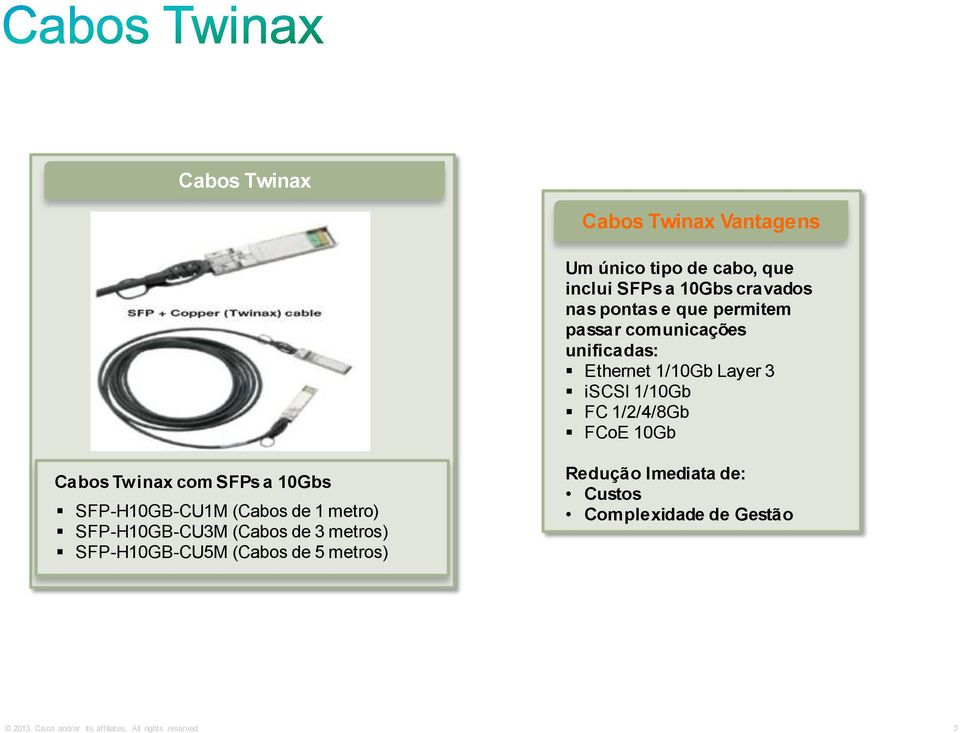 Twinax com SFPs a 10Gbs SFP-H10GB-CU1M (Cabos de 1 metro) SFP-H10GB-CU3M (Cabos de 3 metros) SFP-H10GB-CU5M