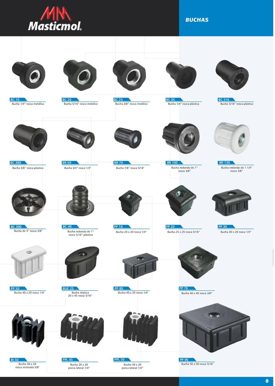 rosca 5/16 plástica PP 10 Bucha 20 x 20 rosca 1/4 PP 20 Bucha 25 x 25 rosca 5/16 PP 30 Bucha 30 x 20 rosca 1/4 PP 50 Bucha 40 x 20 rosca 1/4" BUE 25 Bucha elíptica 20 x 45 rosca 5/16 PP 80 Bucha