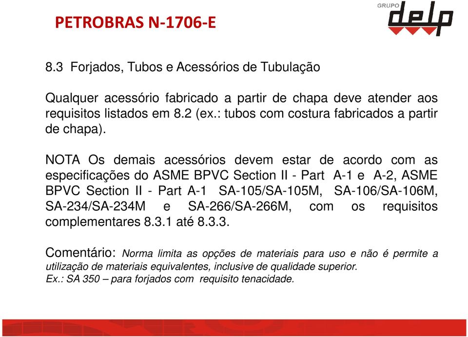 NOTA Os demais acessórios devem estar de acordo com as especificações do ASME BPVC Section II - Part A-1 e A-2, ASME BPVC Section II - Part A-1 SA-105/SA-105M,