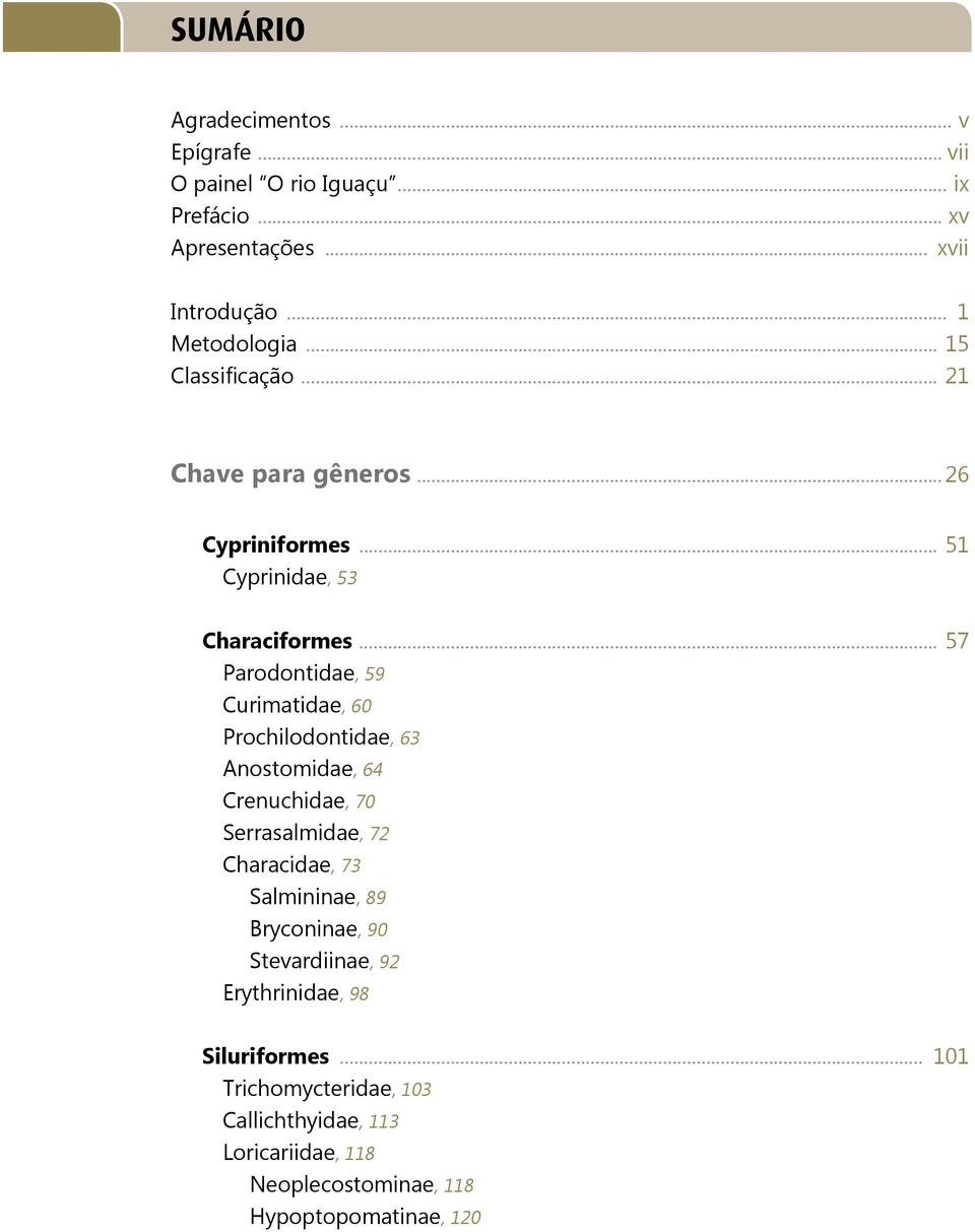 .. 57 Parodontidae, 59 Curimatidae, 60 Prochilodontidae, 63 Anostomidae, 64 Crenuchidae, 70 Serrasalmidae, 72 Characidae, 73 Salmininae,