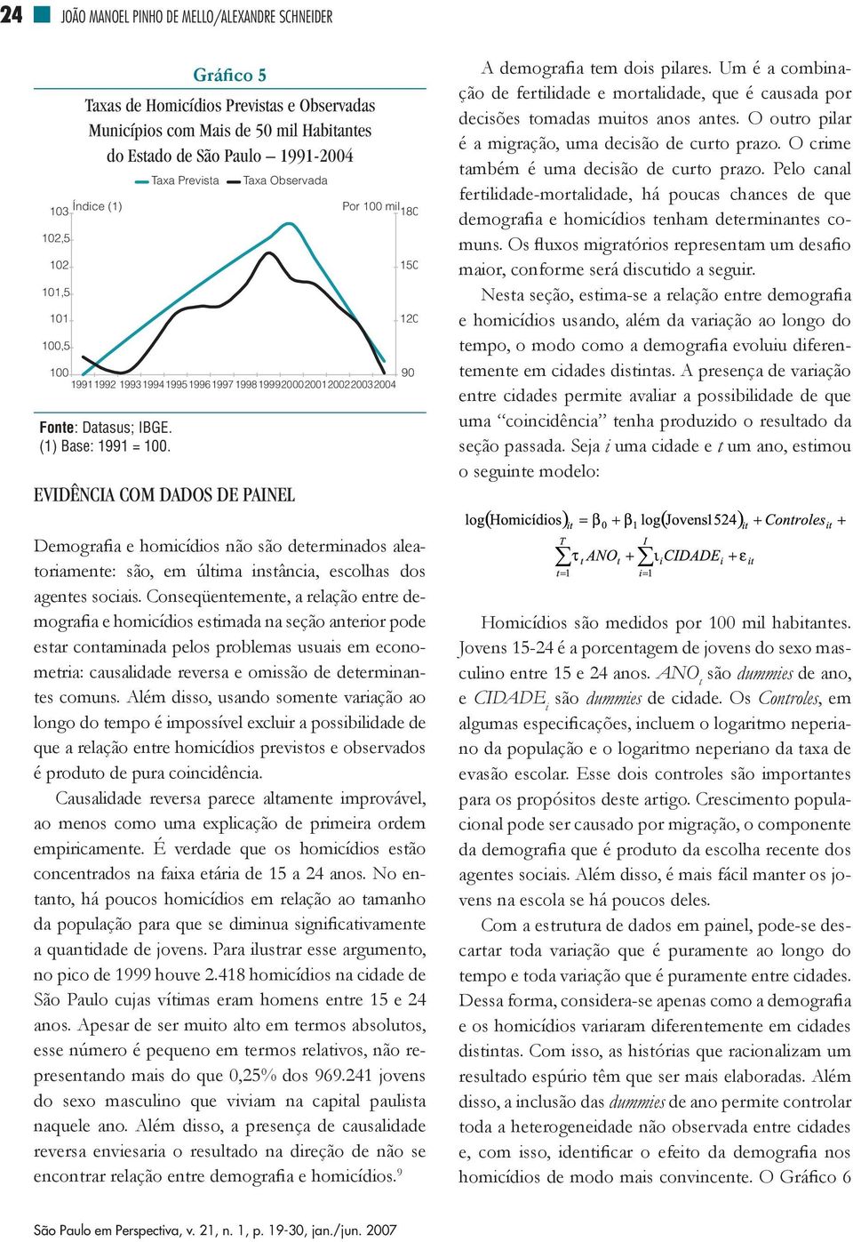 Taxa Prevista Taxa Observada Evidência com Dados de Painel Por 100 mil 180 Demografia e homicídios não são determinados aleatoriamente: são, em última instância, escolhas dos agentes sociais.