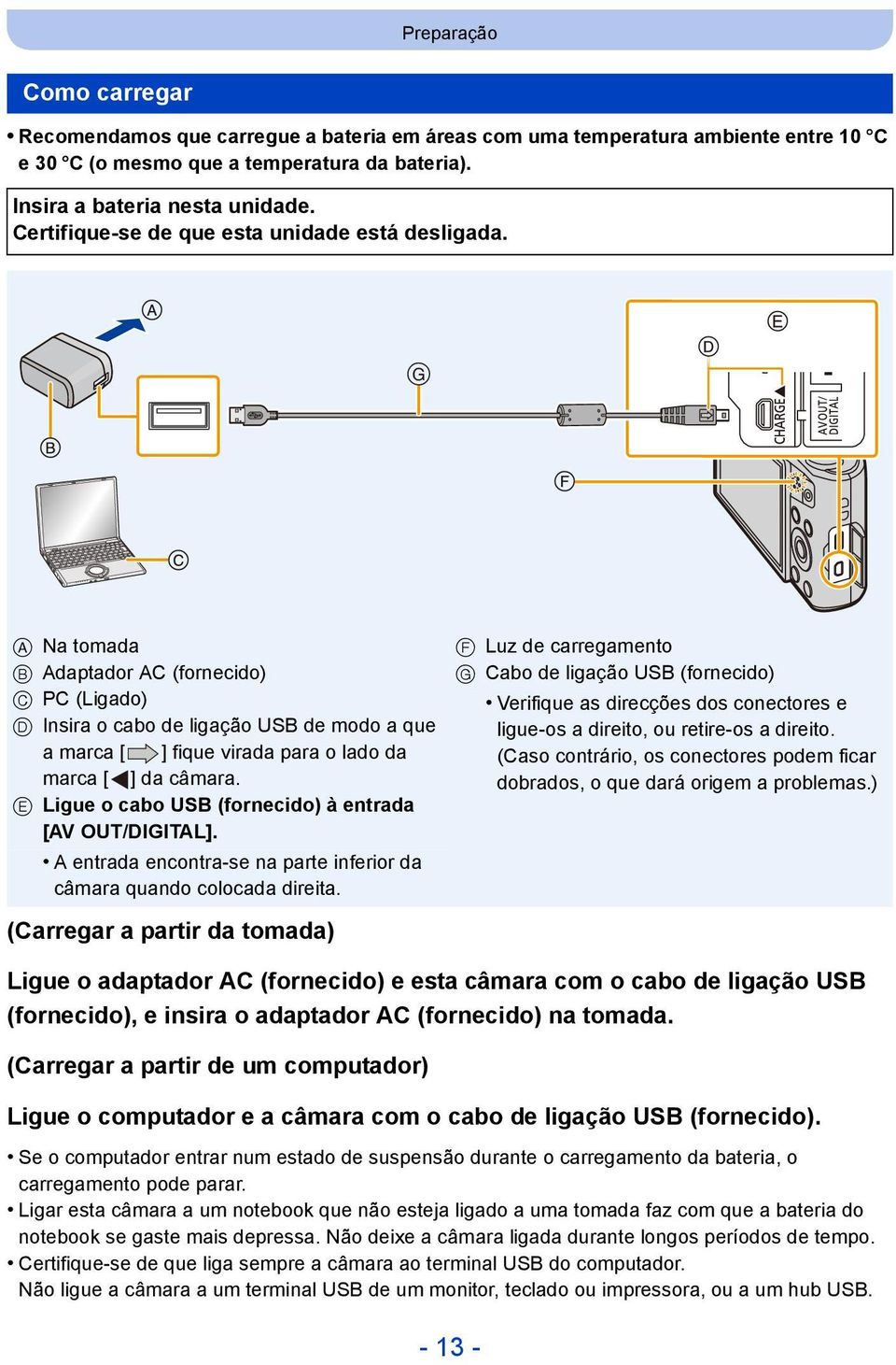 A Na tomada B Adaptador AC (fornecido) C PC (Ligado) D Insira o cabo de ligação USB de modo a que a marca [ ] fique virada para o lado da marca [ ] da câmara.