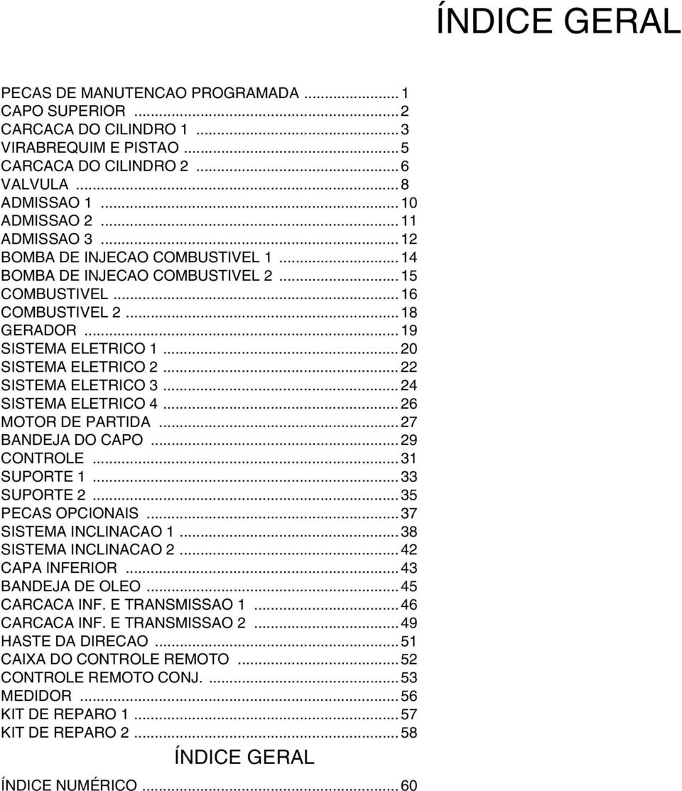 .. 7 BANDEJA DO CAPO... 9 CONTROLE... 3 SUPORTE... 33 SUPORTE... 35 PECAS OPCIONAIS... 37 SISTEMA INCLINACAO... 38 SISTEMA INCLINACAO... CAPA INFERIOR... 3 BANDEJA DE OLEO... 5 CARCACA INF.