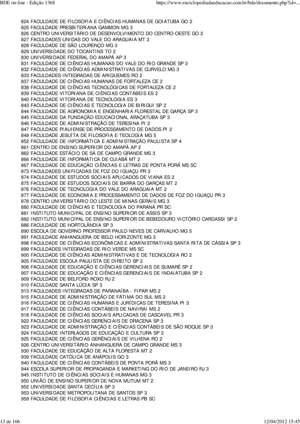RIO GRANDE SP 3 832 FACULDADE DE CIÊNCIAS ADMINISTRATIVAS DE CURVELO MG 3 833 FACULDADES INTEGRADAS DE ARIQUEMES RO 2 837 FACULDADE DE CIÊNCIAS HUMANAS DE FORTALEZA CE 2 838 FACULDADE DE CIÊNCIAS