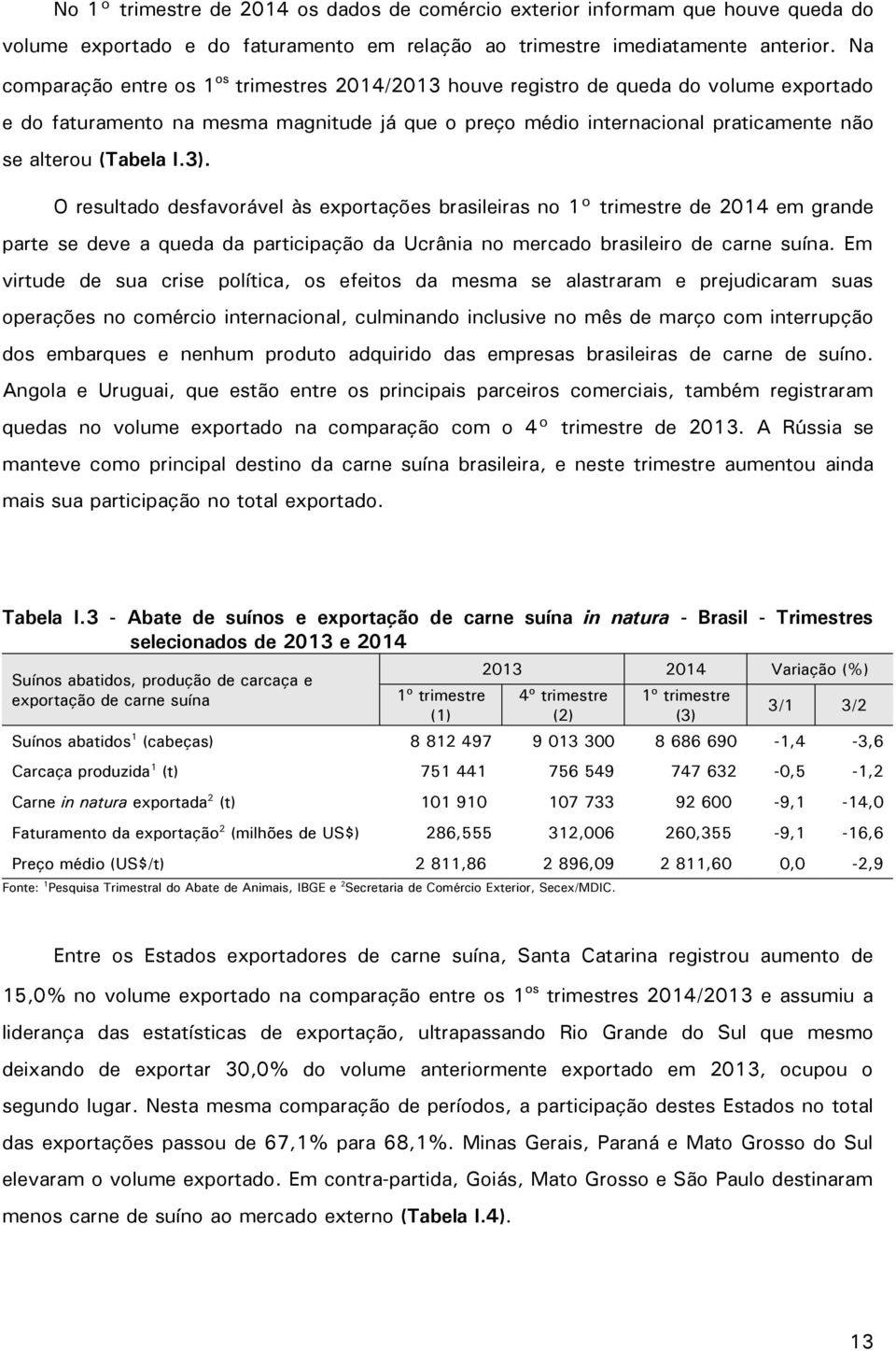 I.3). O resultado desfavorável às exportações brasileiras no 1 trimestre de 2014 em grande parte se deve a queda da participação da Ucrânia no mercado brasileiro de carne suína.