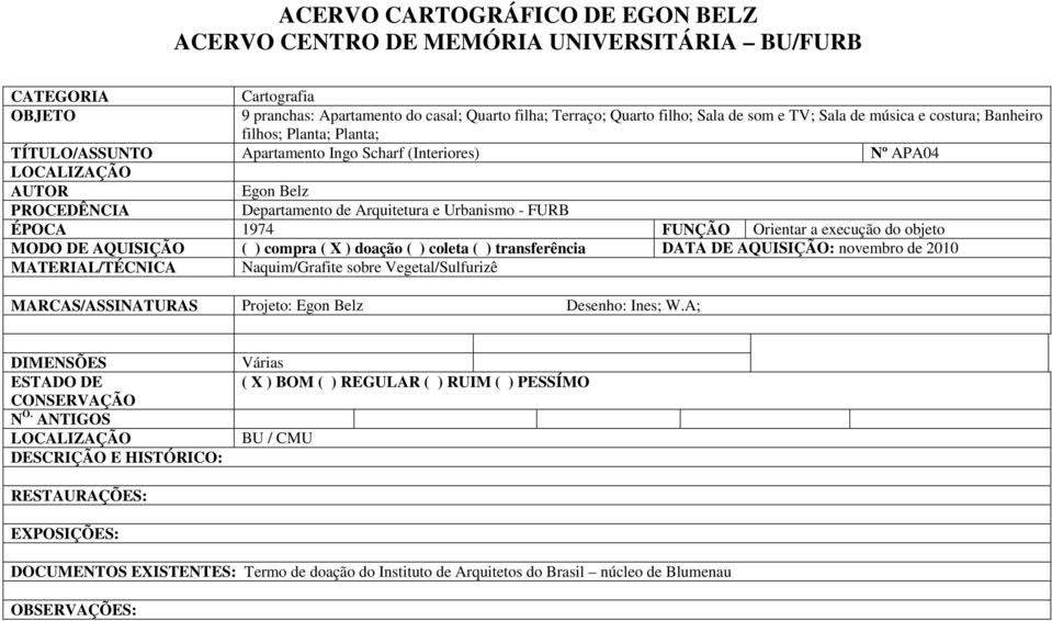 ÉPOCA 1974 FUNÇÃO Orientar a execução do objeto MODO DE AQUISIÇÃO ( ) compra ( X ) doação ( ) coleta ( ) transferência DATA DE AQUISIÇÃO: novembro de 2010 MATERIAL/TÉCNICA Naquim/Grafite sobre