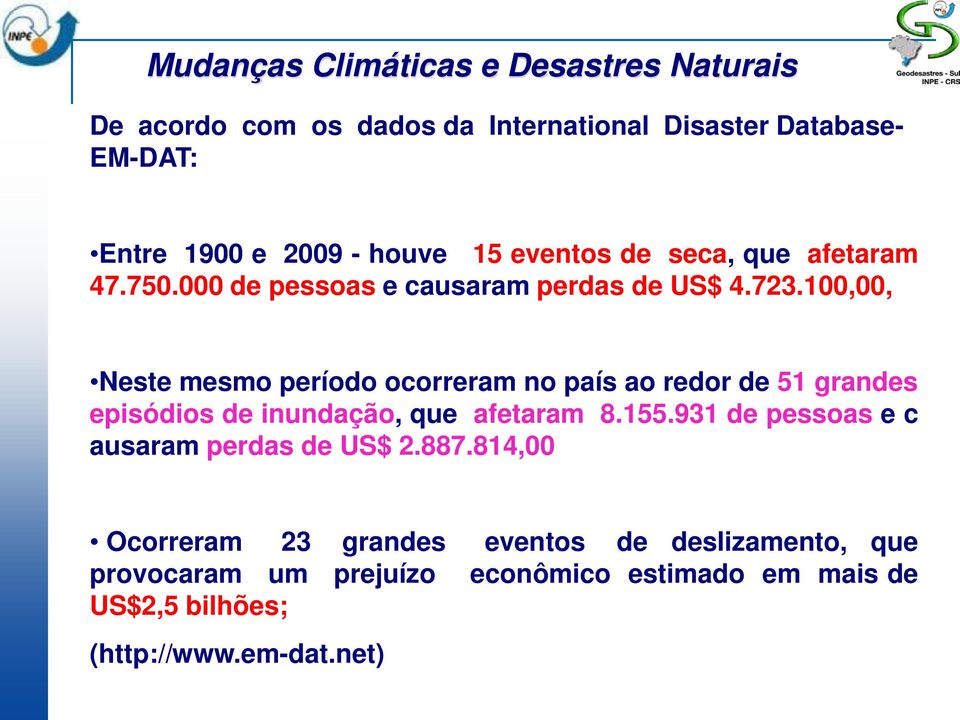 100,00, Neste mesmo período ocorreram no país ao redor de 51 grandes episódios de inundação, que afetaram 8.155.