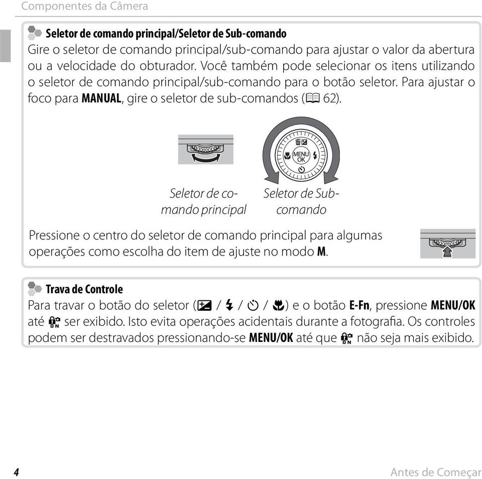 Seletor de comando principal Seletor de Subcomando Pressione o centro do seletor de comando principal para algumas operações como escolha do item de ajuste no modo M.