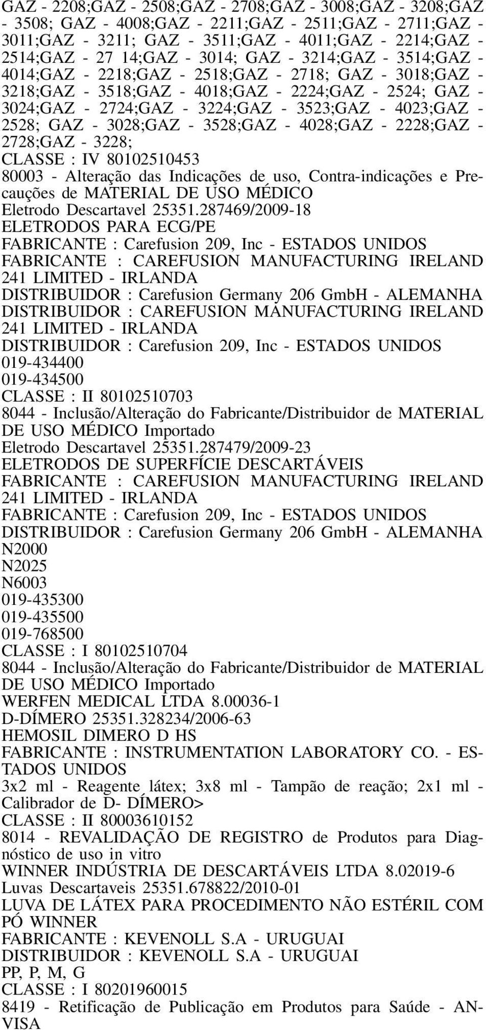 - 2528; GAZ - 3028;GAZ - 3528;GAZ - 4028;GAZ - 2228;GAZ - 2728;GAZ - 3228; CLASSE : IV 80102510453 80003 - Alteração das Indicações de uso, Contra-indicações e Precauções de MATERIAL DE USO MÉDICO