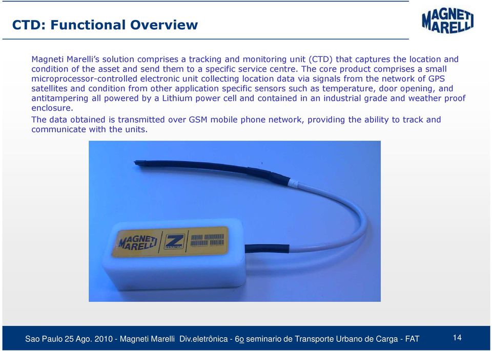 The core product comprises a small microprocessor-controlled electronic unit collecting location data via signals from the network of GPS satellites and condition from