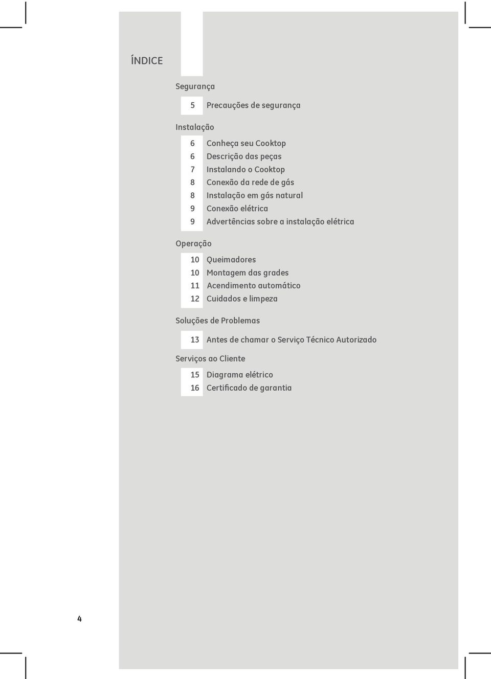 elétrica Operação 10 Queimadores 10 Montagem das grades 11 Acendimento automático 12 Cuidados e limpeza Soluções de