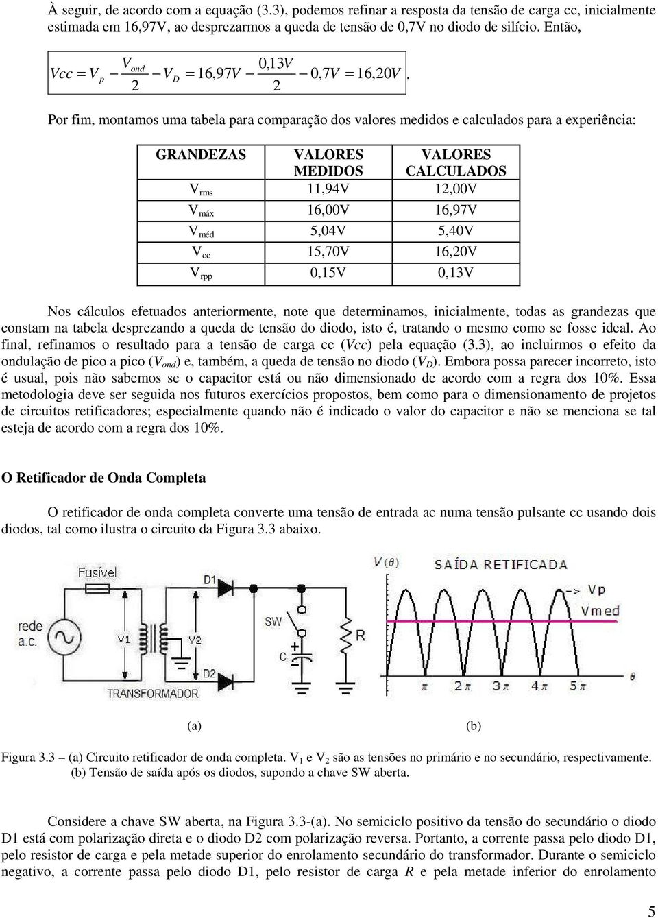 5,40 cc 15,70 16,0 r 0,15 0,13 Nos cálculos efetuados anteriormente, note que determinamos, inicialmente, todas as grandezas que constam na tabela desrezando a queda de tensão do diodo, isto é,