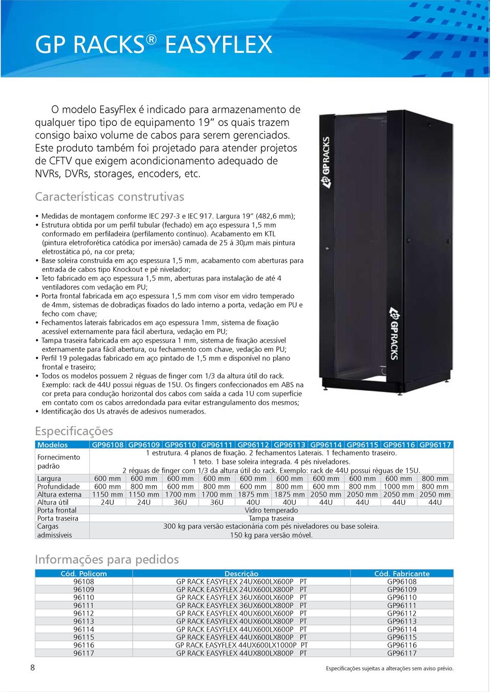 Características construtivas Medidas de montagem conforme IEC 297-3 e IEC 917.