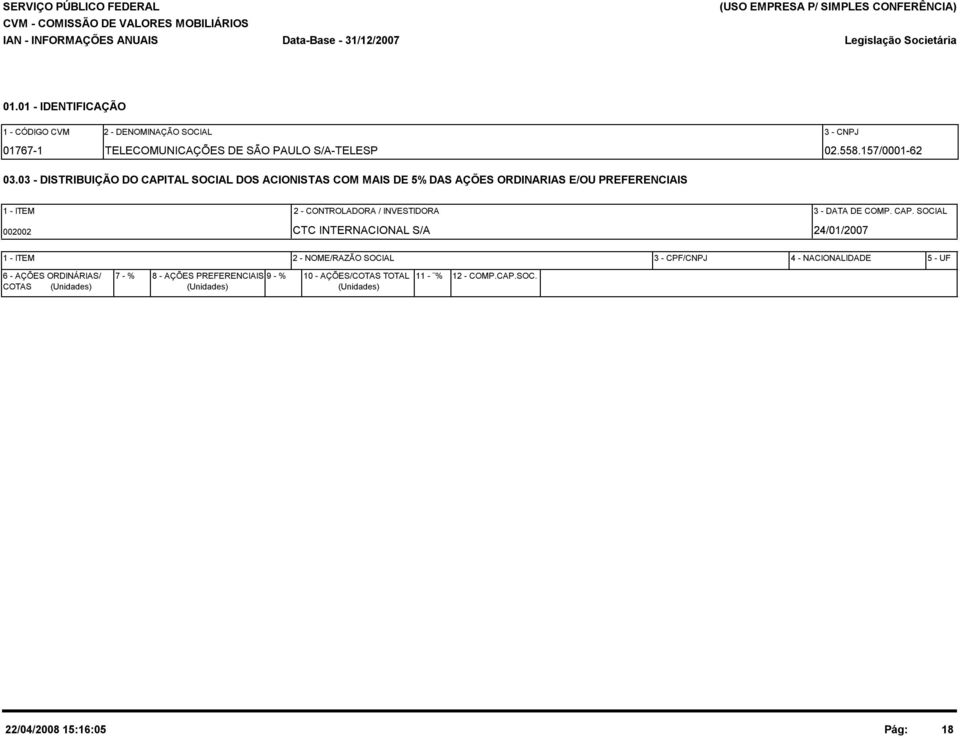 INVESTIDORA 3 - DATA DE COMP. CAP.