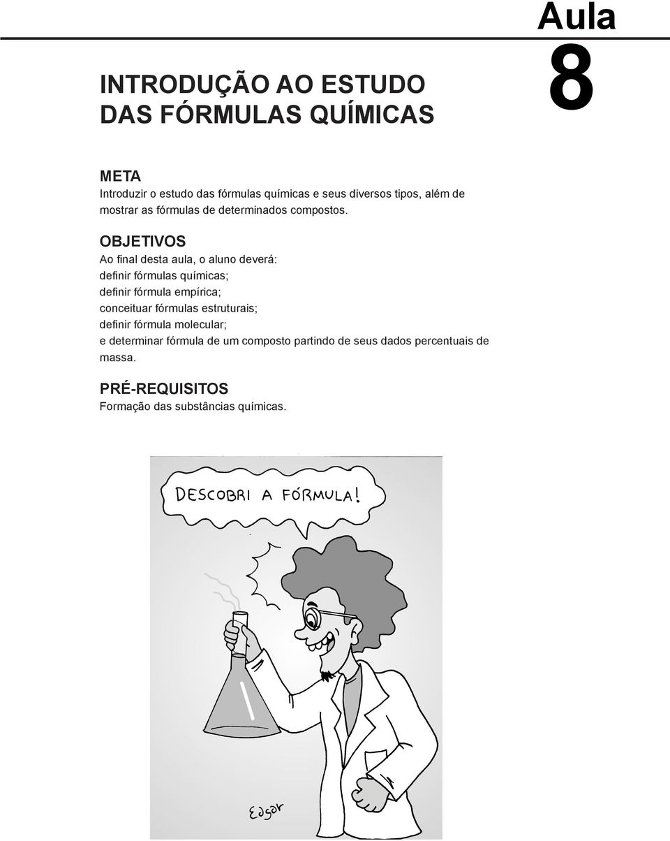 OBJETIVOS Ao final desta aula, o aluno deverá: definir fórmulas químicas; definir fórmula empírica; conceituar