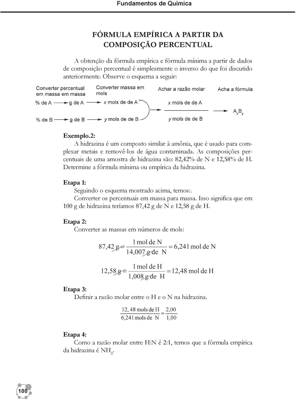 As composições percentuais de uma amostra de hidrazina são: 82,42% de N e 12,58% de H. Determine a fórmula mínima ou empírica da hidrazina. Etapa 1: Seguindo o esquema mostrado acima, temos:.