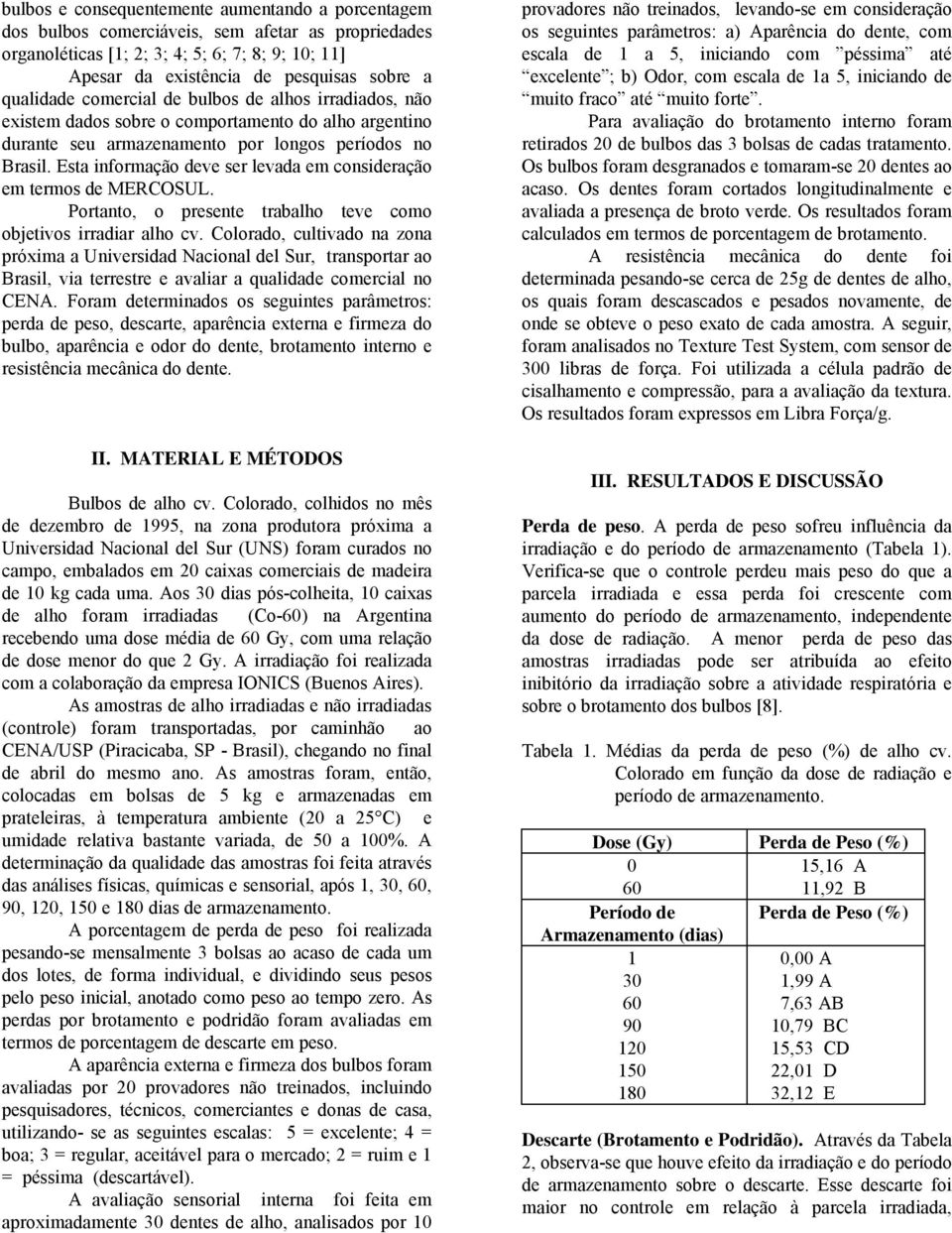 Esta informação deve ser levada em consideração em termos de MERCOSUL. Portanto, o presente trabalho teve como objetivos irradiar alho cv.