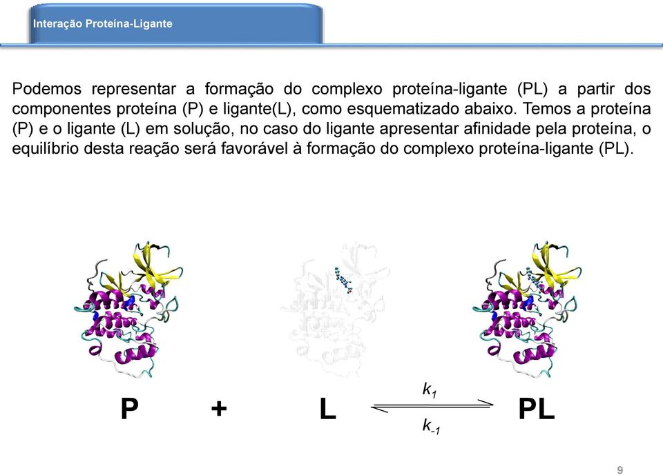 Temos a proteína (P) e o ligante (L) em solução, no caso do ligante apresentar afinidade pela