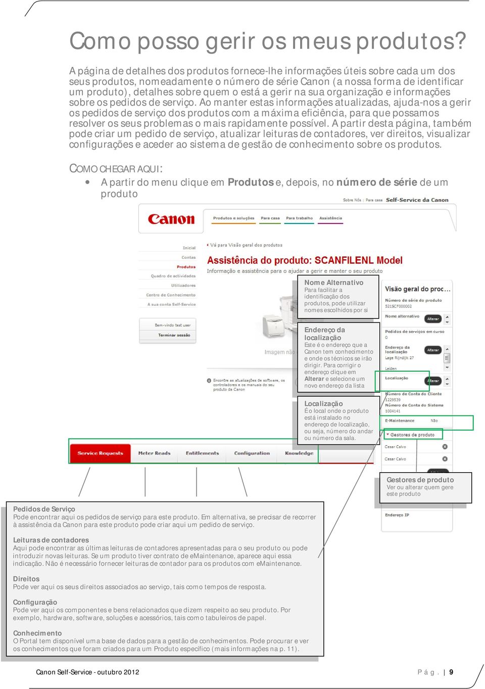 está a gerir na sua organização e informações sobre os pedidos de serviço.