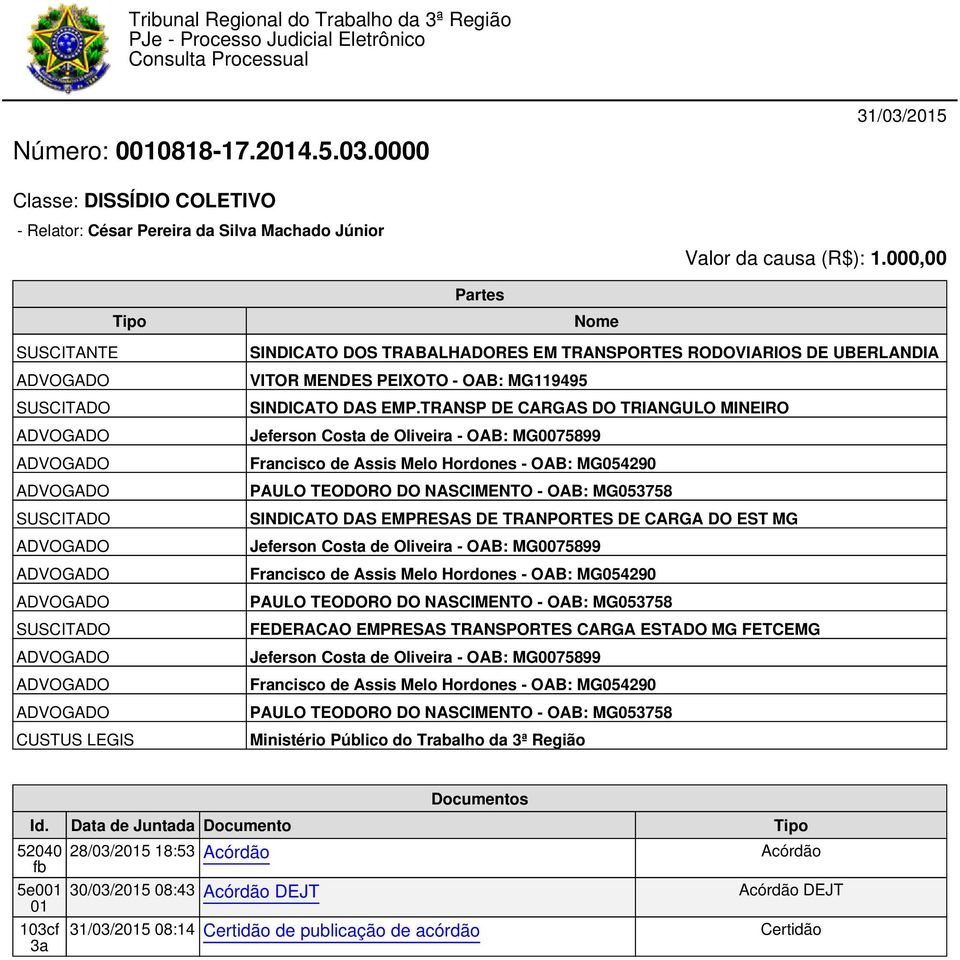 000,00 Partes Tipo SUSCITANTE SUSCITADO SUSCITADO SUSCITADO CUSTUS LEGIS Nome SINDICATO DOS TRABALHADORES EM TRANSPORTES RODOVIARIOS DE UBERLANDIA VITOR MENDES PEIXOTO - OAB: MG119495 SINDICATO DAS