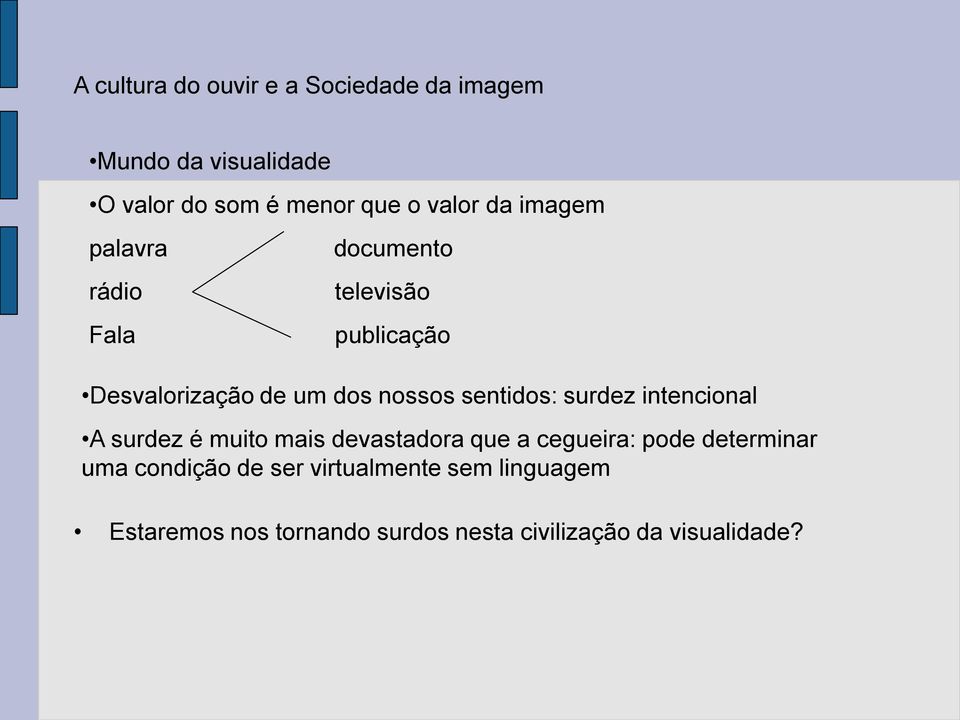 sentidos: surdez intencional A surdez é muito mais devastadora que a cegueira: pode determinar uma