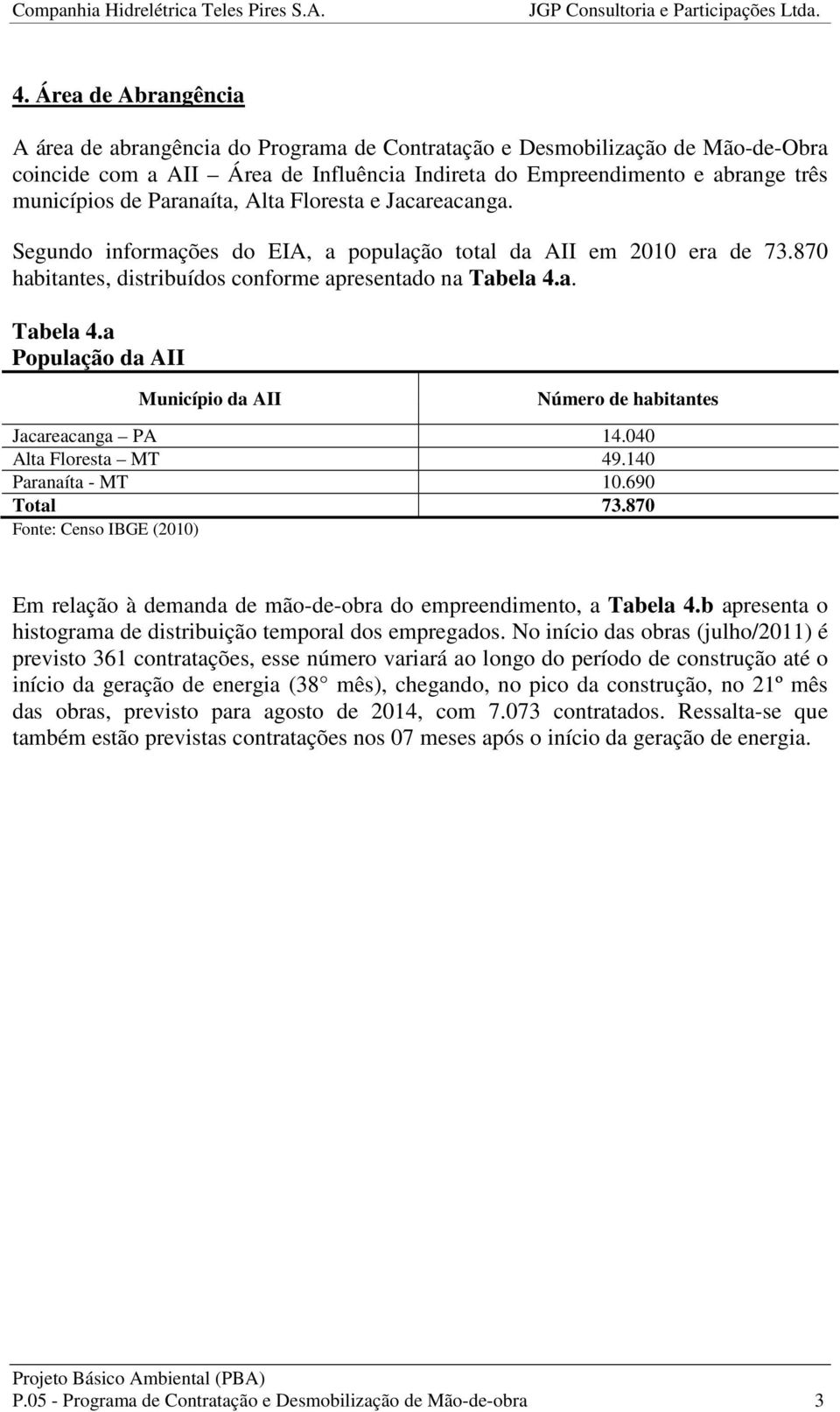 a. Tabela 4.a População da AII Município da AII Número de habitantes Jacareacanga PA 14.040 Alta Floresta MT 49.140 Paranaíta - MT 10.690 Total 73.