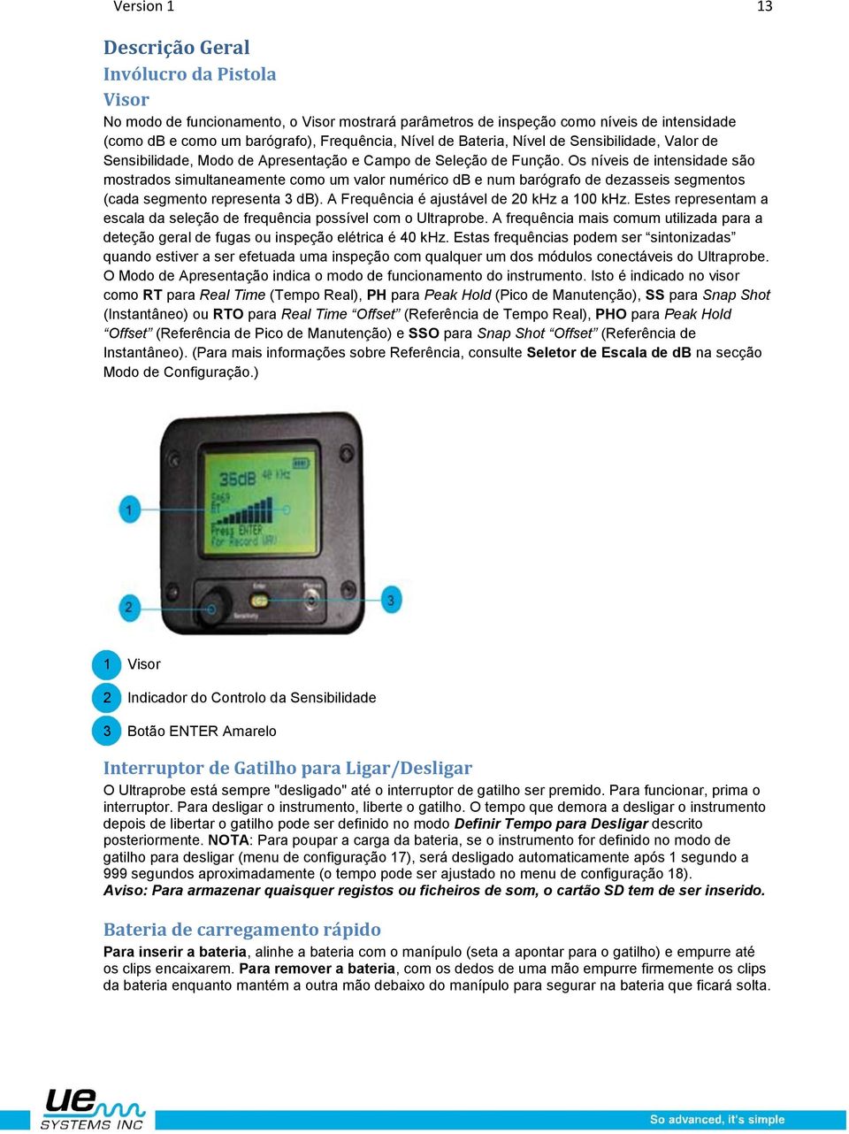 Os níveis de intensidade são mostrados simultaneamente como um valor numérico db e num barógrafo de dezasseis segmentos (cada segmento representa 3 db). A Frequência é ajustável de 20 khz a 100 khz.