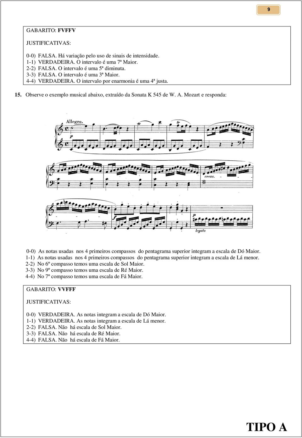 Mozart e responda: 0-0) As notas usadas nos 4 primeiros compassos do pentagrama superior integram a escala de Dó Maior.