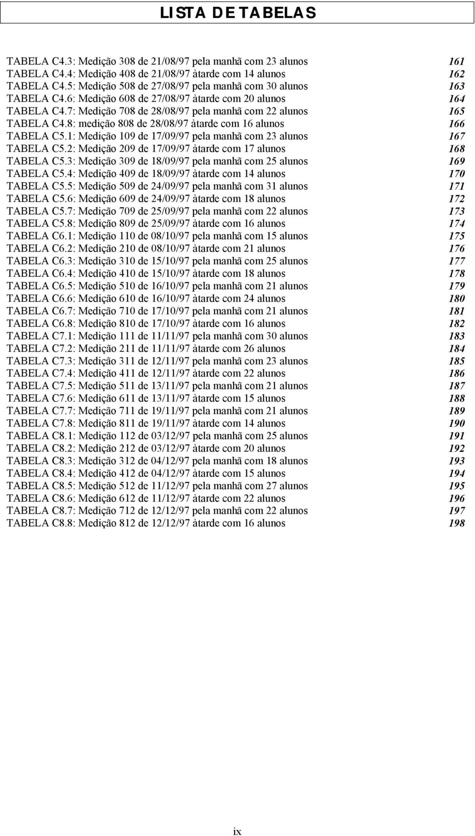 8: medição 808 de 28/08/97 à tarde com 16 alunos 166 TABELA C5.1: Medição 109 de 17/09/97 pela manhã com 23 alunos 167 TABELA C5.2: Medição 209 de 17/09/97 à tarde com 17 alunos 168 TABELA C5.