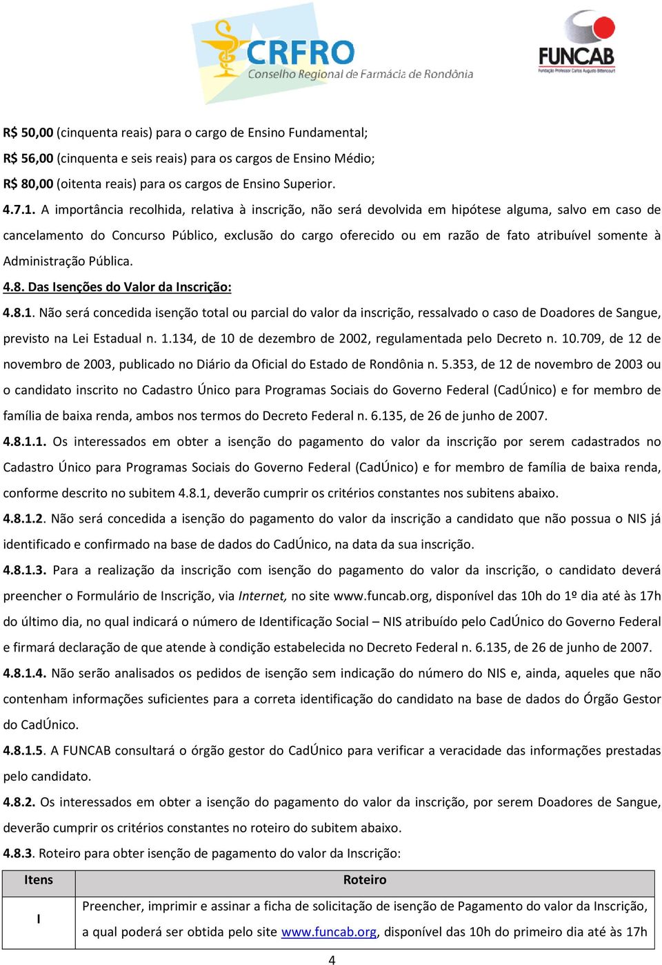 somente à Administração Pública. 4.8. Das Isenções do Valor da Inscrição: 4.8.1.