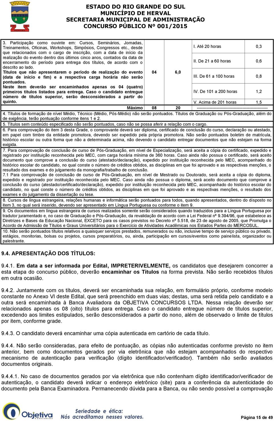 títulos, de acordo com o II. De 21 a 60 horas 0,6 descrito ao lado.