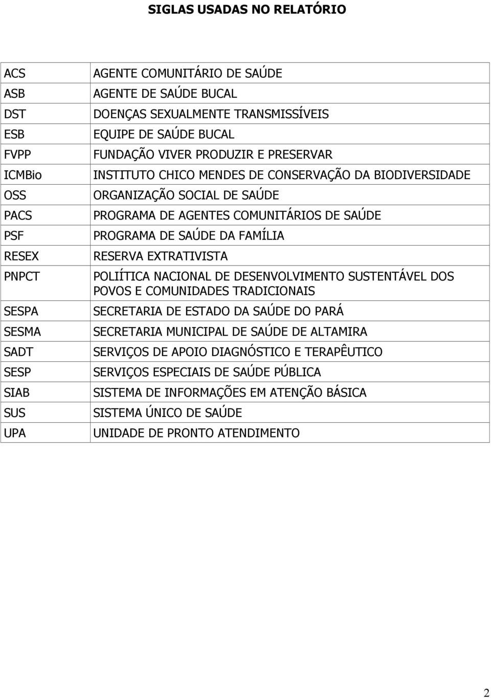 SAÚDE PROGRAMA DE SAÚDE DA FAMÍLIA RESERVA EXTRATIVISTA POLIÍTICA NACIONAL DE DESENVOLVIMENTO SUSTENTÁVEL DOS POVOS E COMUNIDADES TRADICIONAIS SECRETARIA DE ESTADO DA SAÚDE DO PARÁ SECRETARIA