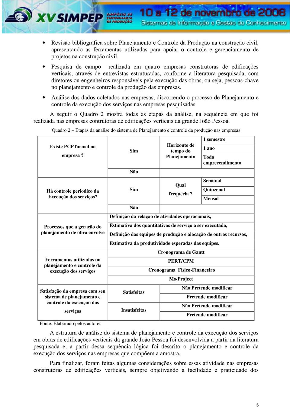 pela execução das obras, ou seja, pessoas-chave no planejamento e controle da produção das empresas.