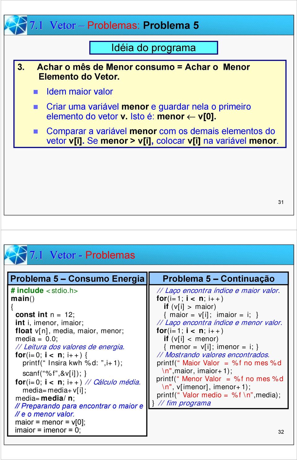 Se menor > v[i], colocar v[i] na variável menor. 31 7.1 Vetor - Problemas Problema Consumo Energia #include <stdio.