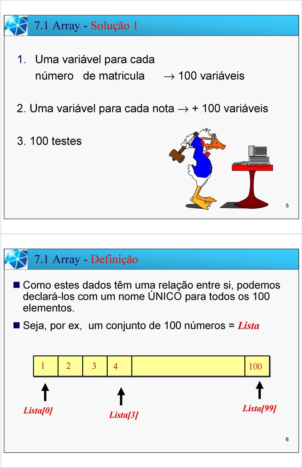 1 Array - Definição " Como estes dados têm uma relação entre si, podemos declará-los com