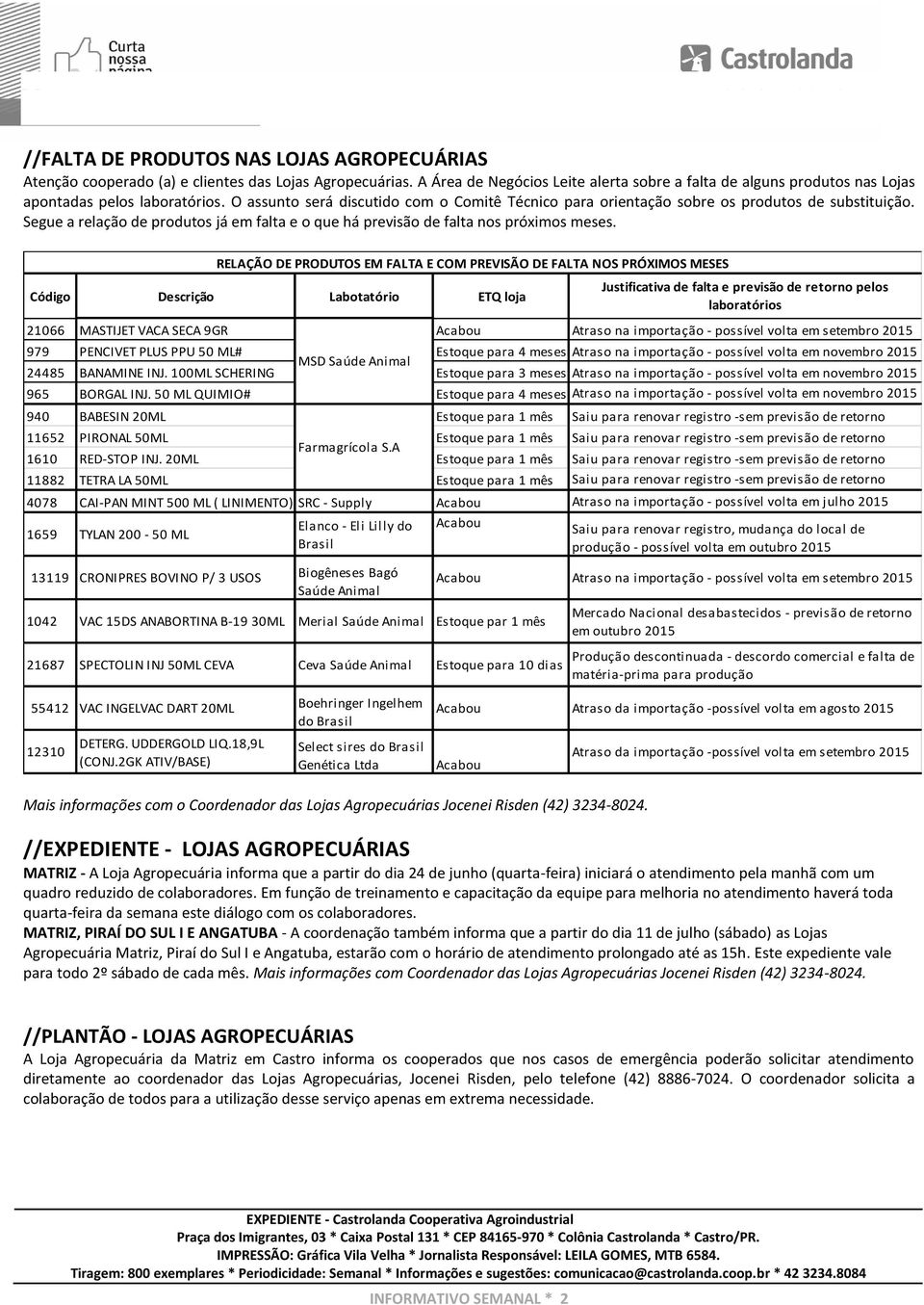 O assunto será discutido com o Comitê Técnico para orientação sobre os produtos de substituição. Segue a relação de produtos já em falta e o que há previsão de falta nos próximos meses.