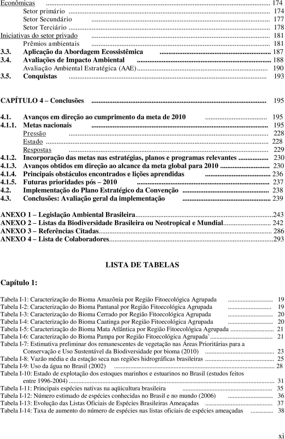 .. 195 4.1.1. Metas nacionais... 195 Pressão... 228 Estado... 228 Respostas... 229 4.1.2. Incorporação das metas nas estratégias, planos e programas relevantes... 230