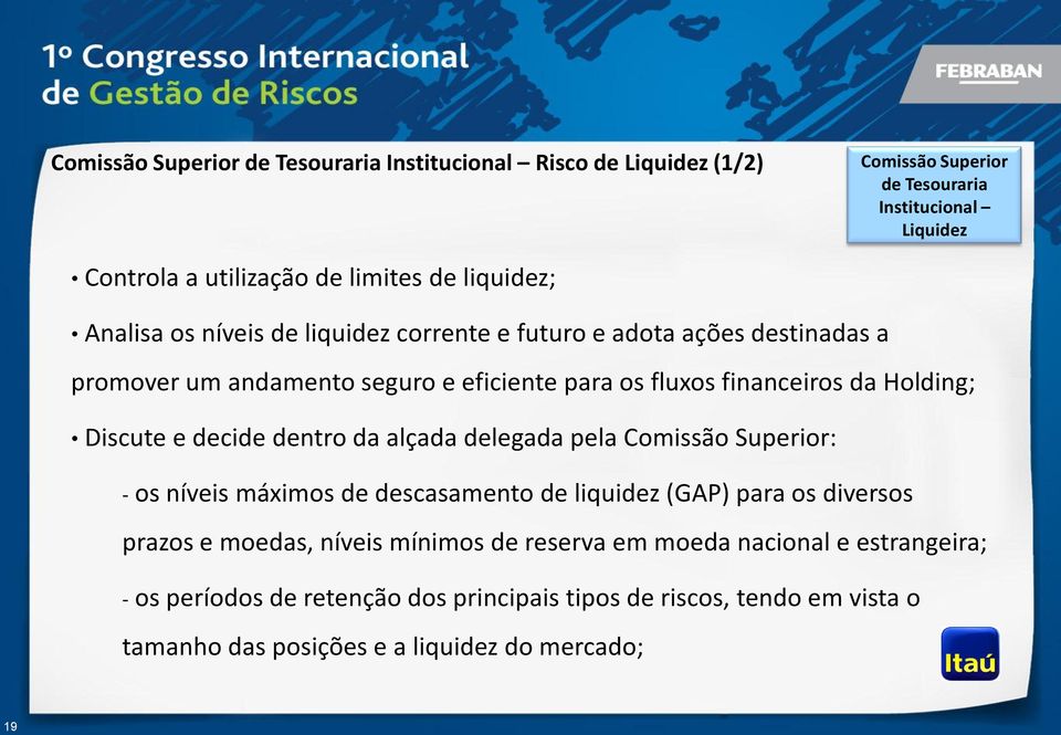 Discute e decide dentro da alçada delegada pela Comissão Superior: - os níveis máximos de descasamento de liquidez (GAP) para os diversos prazos e moedas, níveis