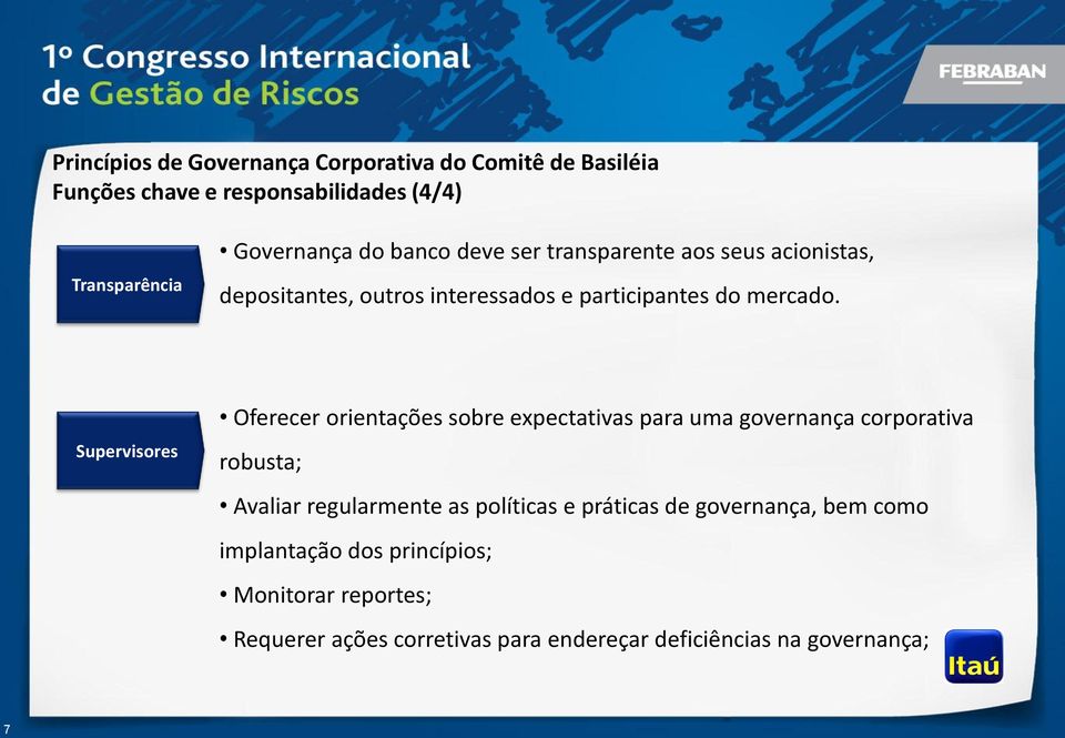 Supervisores Oferecer orientações sobre expectativas para uma governança corporativa robusta; Avaliar regularmente as políticas e