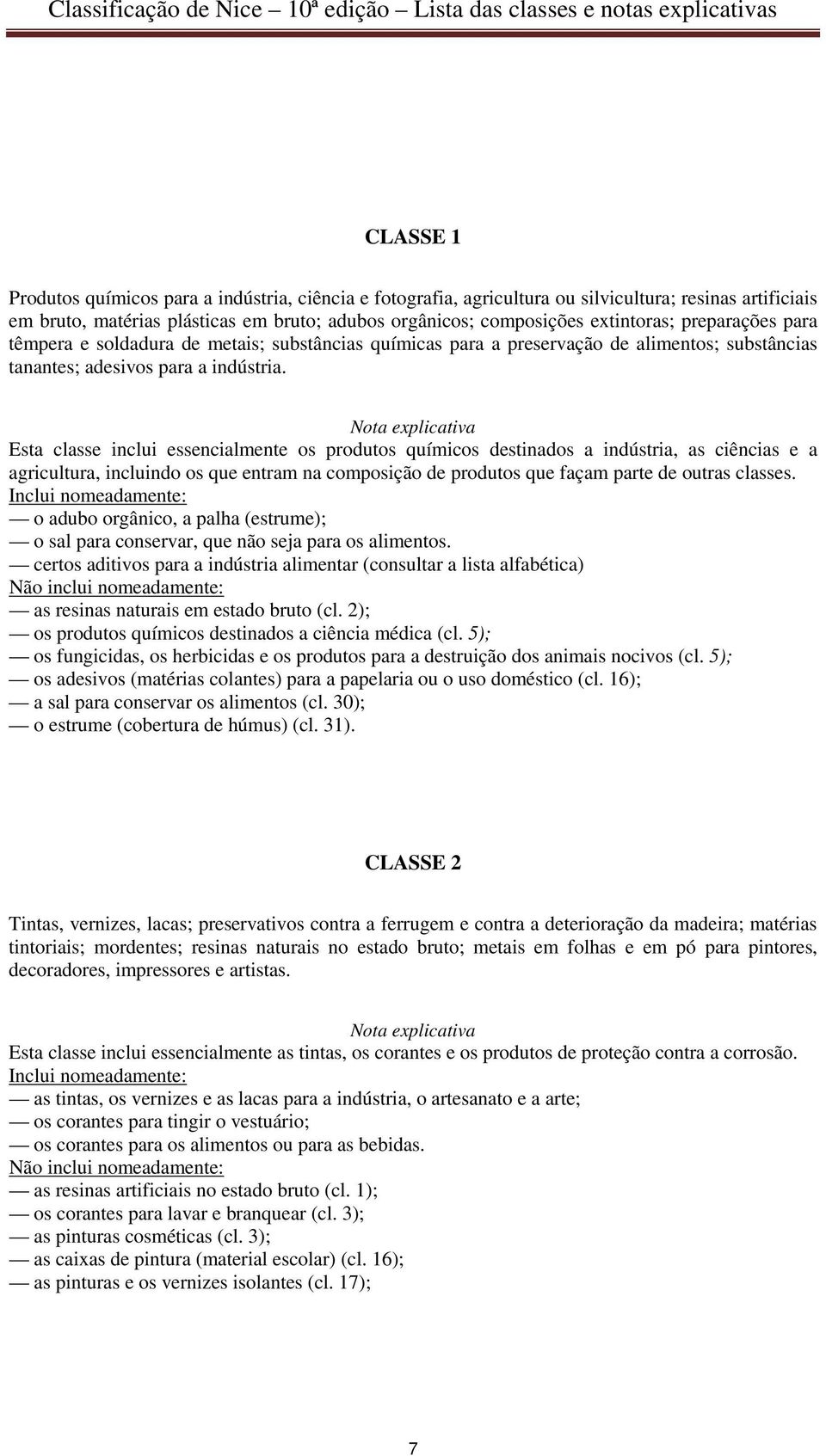 Esta classe inclui essencialmente os produtos químicos destinados a indústria, as ciências e a agricultura, incluindo os que entram na composição de produtos que façam parte de outras classes.