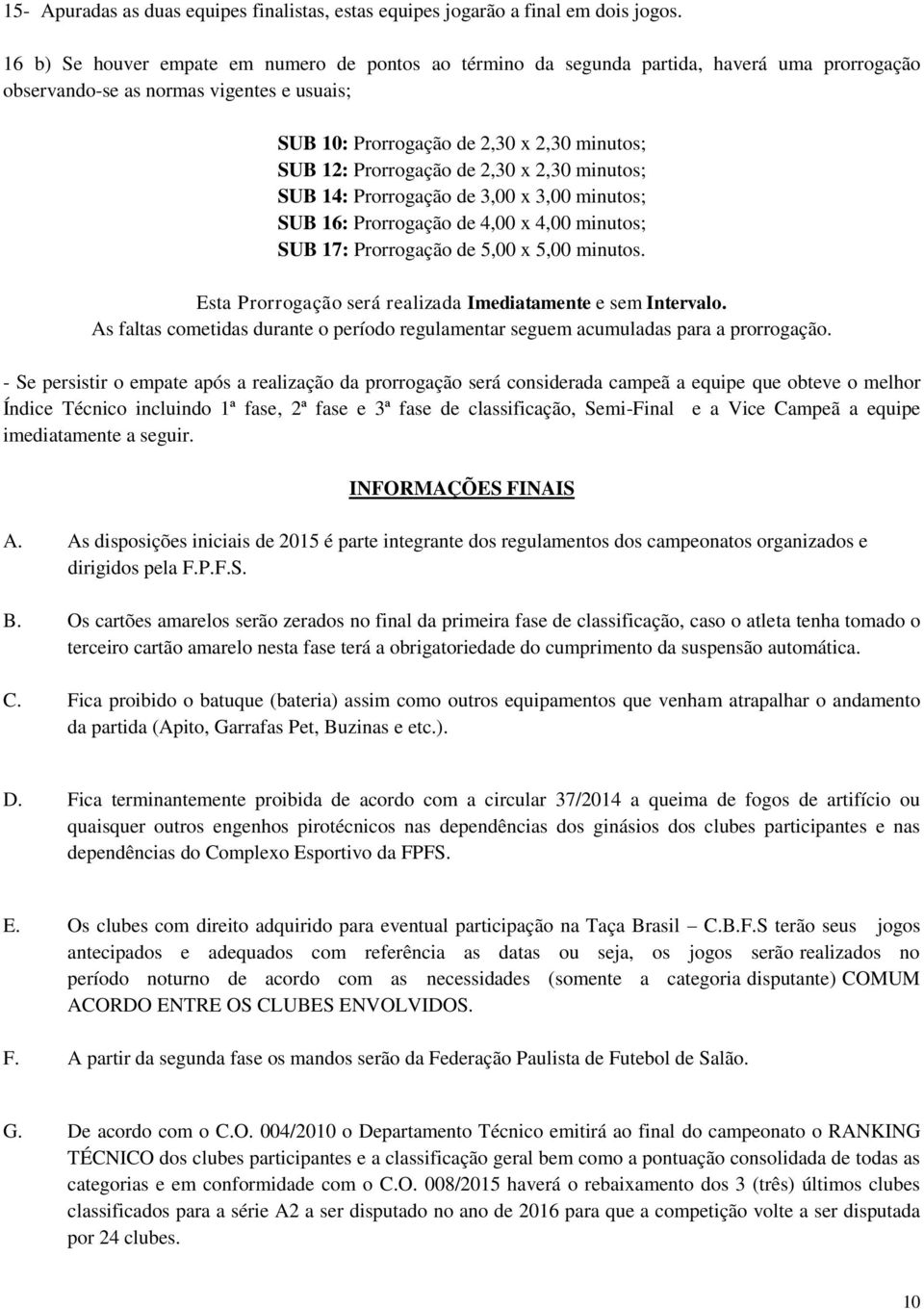 Prorrogação de 2,30 x 2,30 minutos; SUB 14: Prorrogação de 3,00 x 3,00 minutos; SUB 16: Prorrogação de 4,00 x 4,00 minutos; SUB 17: Prorrogação de 5,00 x 5,00 minutos.