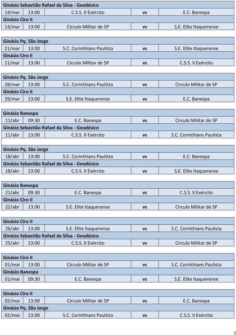 C. Banespa Ginásio Banespa 11/abr 09:30 E.C. Banespa vs Circulo Militar de SP Ginásio Sebastião Rafael da Silva - Geodésico 11/abr 13:00 C.S.S. II Exército vs S.C. Corinthians Paulista Ginásio Pq.