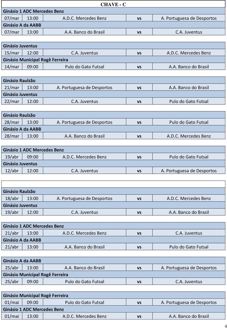 A. Juventus vs Pulo do Gato Futsal Ginásio Raulzão 28/mar 13:00 A. Portuguesa de Desportos vs Pulo do Gato Futsal Ginásio A da AABB 28/mar 13:00 A.A. Banco do Brasil vs A.D.C.