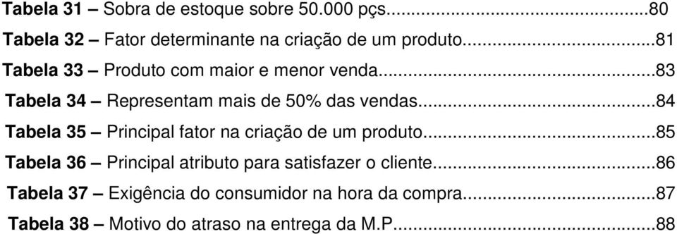 ..84 Tabela 35 Principal fator na criação de um produto.